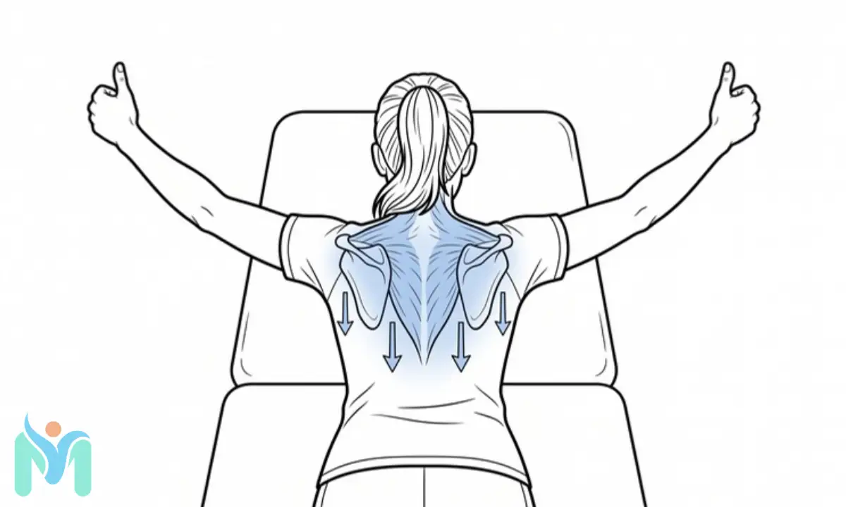 Rear-view line illustration of a woman lying face down, lifting her arms into a Y-shape with highlighted back muscles showing lower trapezius activation.