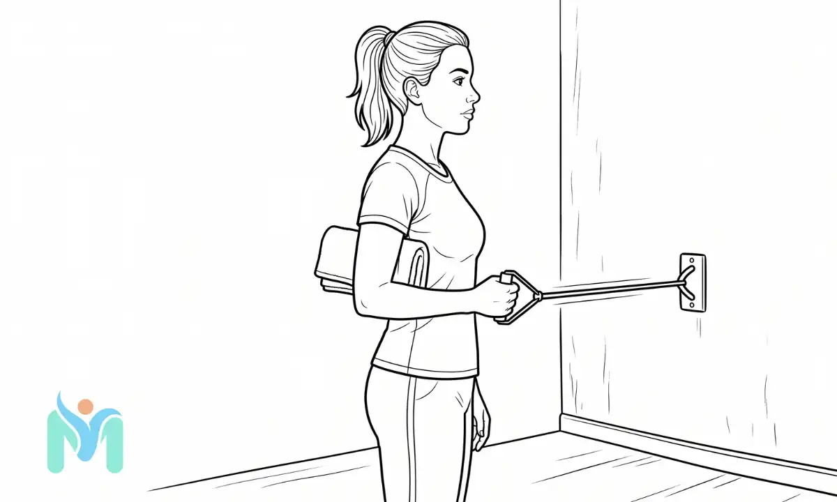 Line drawing of a woman performing standing resisted external rotation using a resistance band anchored to a wall with a towel under her elbow.