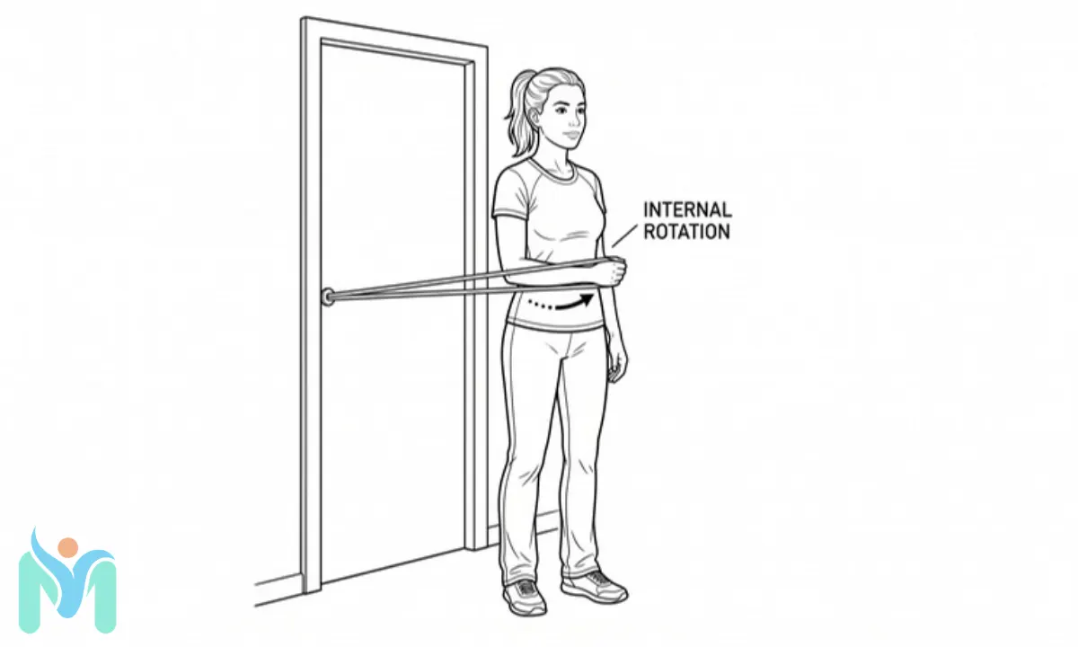 Line drawing of a woman standing next to a door frame, performing internal rotation exercises by pulling an anchored resistance band across her stomach.