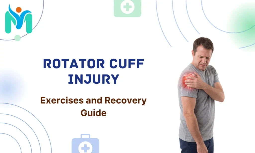 A man holding his painful, injured shoulder featuring a red glow over the rotator cuff area, serving as a guide banner for shoulder rehab.
