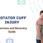 A man holding his painful, injured shoulder featuring a red glow over the rotator cuff area, serving as a guide banner for shoulder rehab.