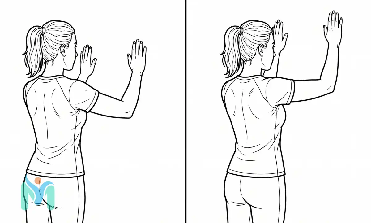 Two-panel illustration showing proper form for wall slides with forearms flat against the wall to train serratus anterior and scapular rotation.