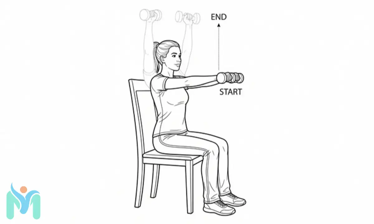 Line drawing of a woman seated on a chair, demonstrating the start and end positions of a dumbbell overhead press to restore functional strength.
