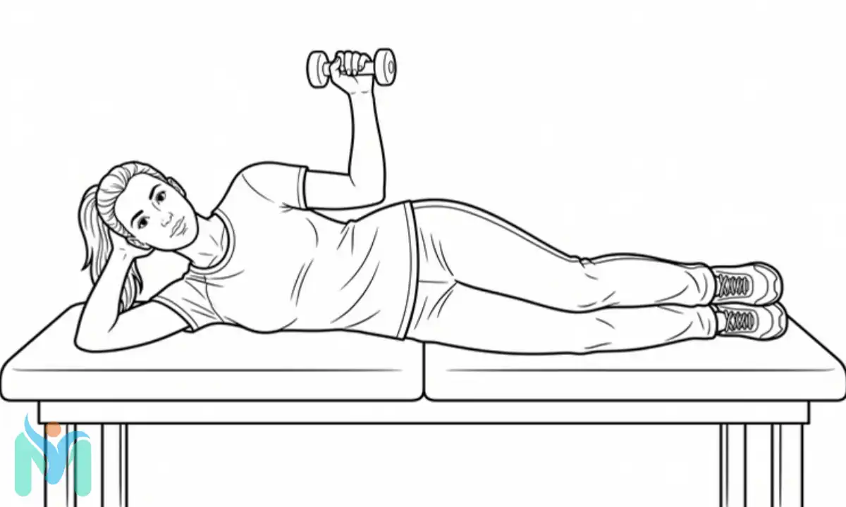Line art of a woman lying on her side on a physiotherapy table, lifting a light dumbbell upward to strengthen her infraspinatus and teres minor.