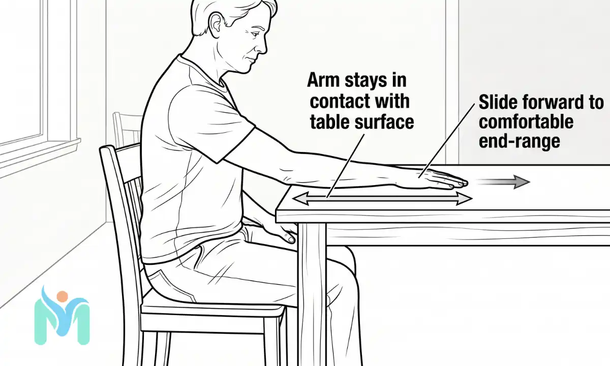 Side view line drawing of a person seated at a smooth wooden table performing a supported table slide exercise. The affected arm is flat on the surface with a straight elbow, sliding forward toward the far edge to maintain shoulder elevation without straining the joint. Label arrows indicate "Arm stays in contact with table surface" and "Slide forward to comfortable end-range."