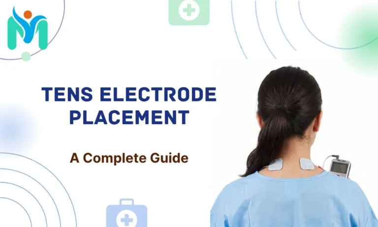 Graphic titled TENS Electrode Placement: A Complete Guide, featuring a rear view of a person with two TENS electrode pads applied to the base of the neck.