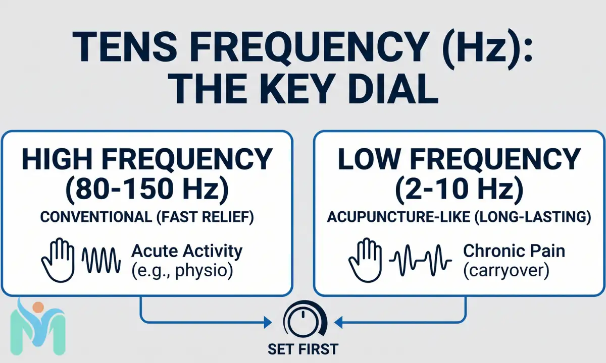 MystPhysio diagram explaining TENS frequency as the primary setting, comparing high frequency (80-150 Hz) for conventional fast relief in acute pain and low frequency (2-10 Hz) for acupuncture-like chronic pain carryover.