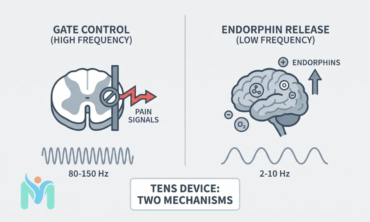 MystPhysio comparison diagram of the two TENS pain relief mechanisms: high frequency gate control (80-150 Hz) blocking pain signals at the spinal cord, and low frequency endorphin release (2-10 Hz) acting on the brain.