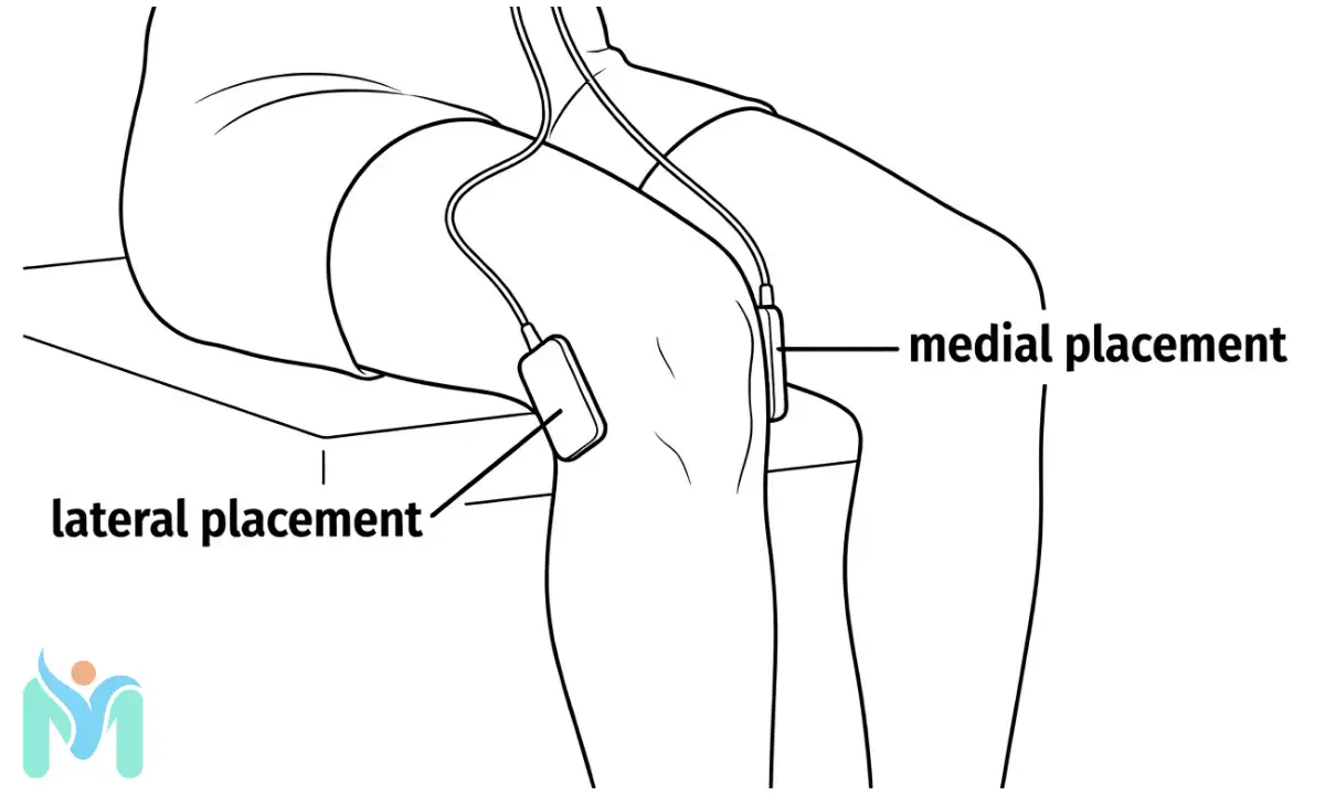 Side-view illustration of a seated person showing TENS electrode placement on the knee, highlighting the specific medial and lateral pad positions for joint line pain.