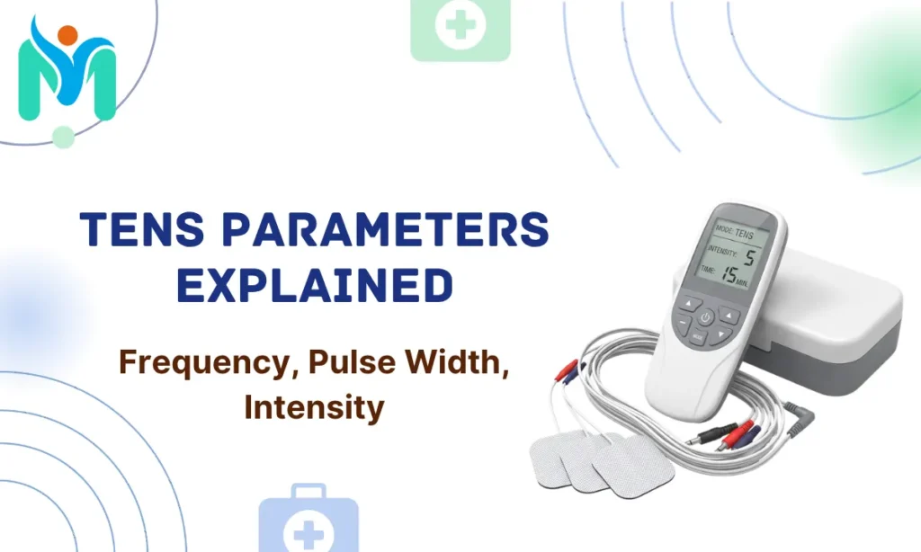 TENS Parameters Explained covering frequency, pulse width, and intensity, featuring a portable TENS machine and electrode pads.