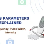 TENS Parameters Explained covering frequency, pulse width, and intensity, featuring a portable TENS machine and electrode pads.