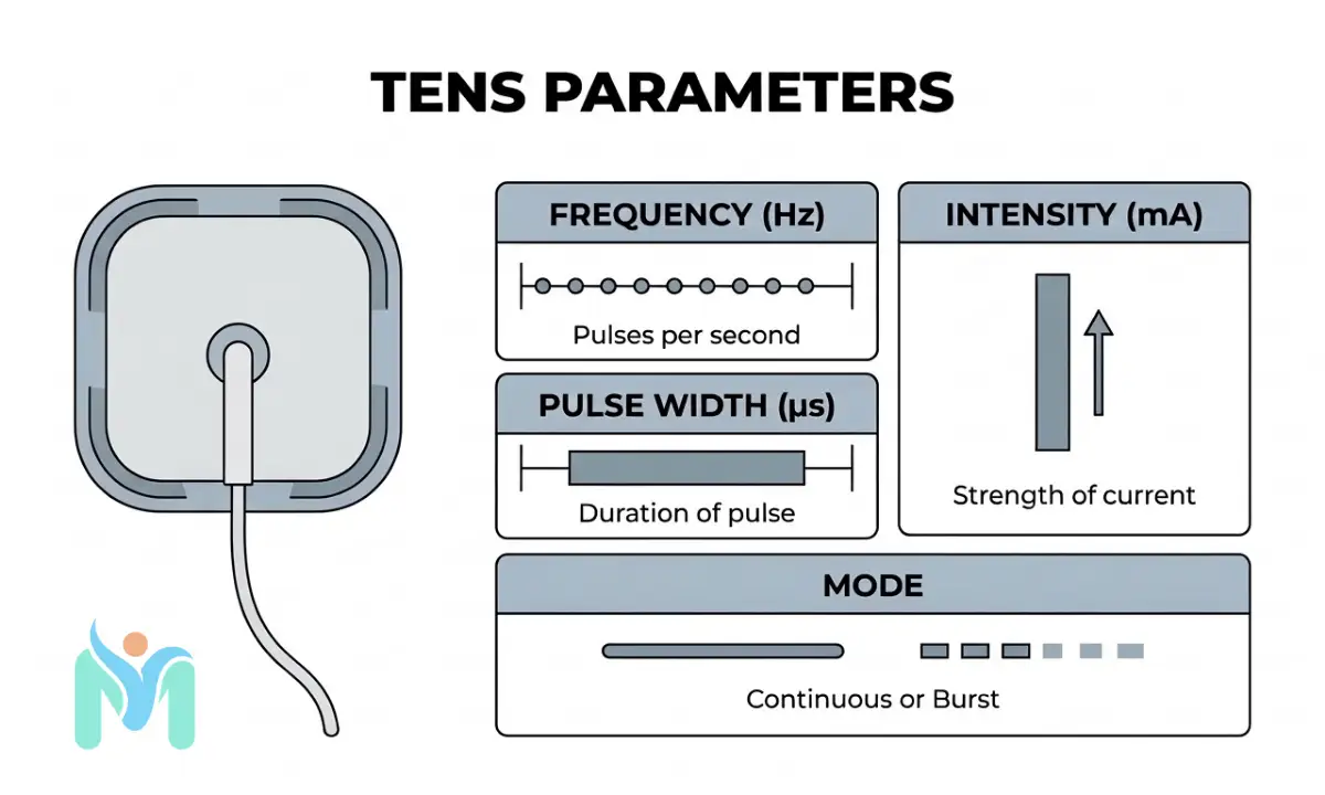 An educational infographic by MystPhysio illustrating an electrode pad alongside the four core TENS parameters: Frequency (pulses per second), Pulse Width (duration of pulse), Intensity (strength of current), and Mode (continuous or burst).