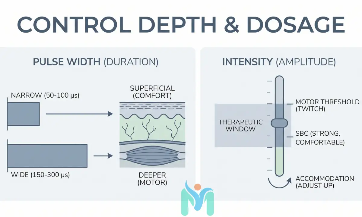 Educational infographic illustrating how to control TENS depth and dosage using pulse width duration for superficial or deep muscle stimulation, and current intensity amplitude within the therapeutic window.