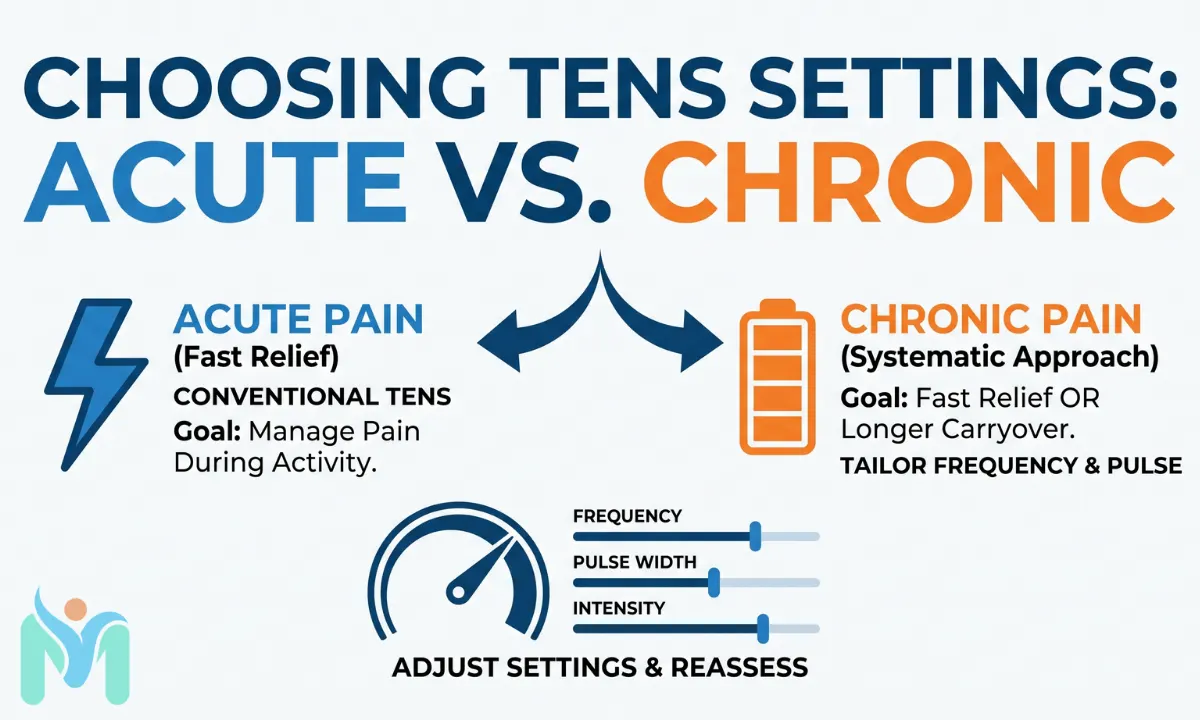 MystPhysio infographic comparing TENS settings for acute pain management using conventional TENS during activity versus a systematic approach for chronic pain management to achieve a longer carryover effect.