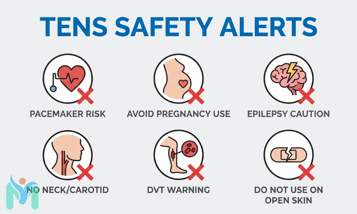 An educational infographic by MystPhysio detailing six major TENS contraindications and safety alerts: pacemaker risk, pregnancy avoidance, epilepsy caution, carotid sinus neck placement, DVT warning, and damaged open skin.