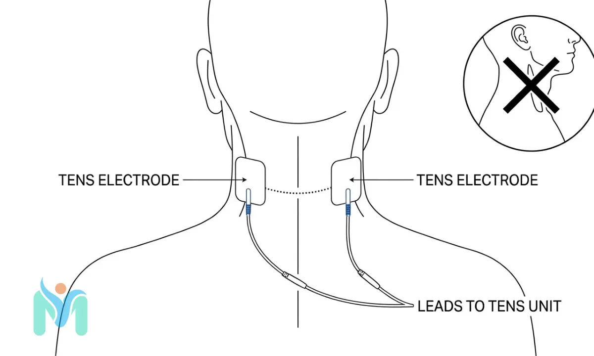 Medical illustration showing proper TENS unit electrode placement on the back of the neck for neck pain relief, with a warning cross symbol indicating not to place pads on the front or side of the neck.
