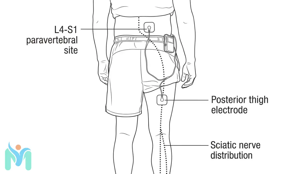 Medical diagram illustrating TENS unit electrode placement for sciatica, with one pad at the L4-S1 paravertebral site and a second on the posterior thigh along the sciatic nerve distribution.