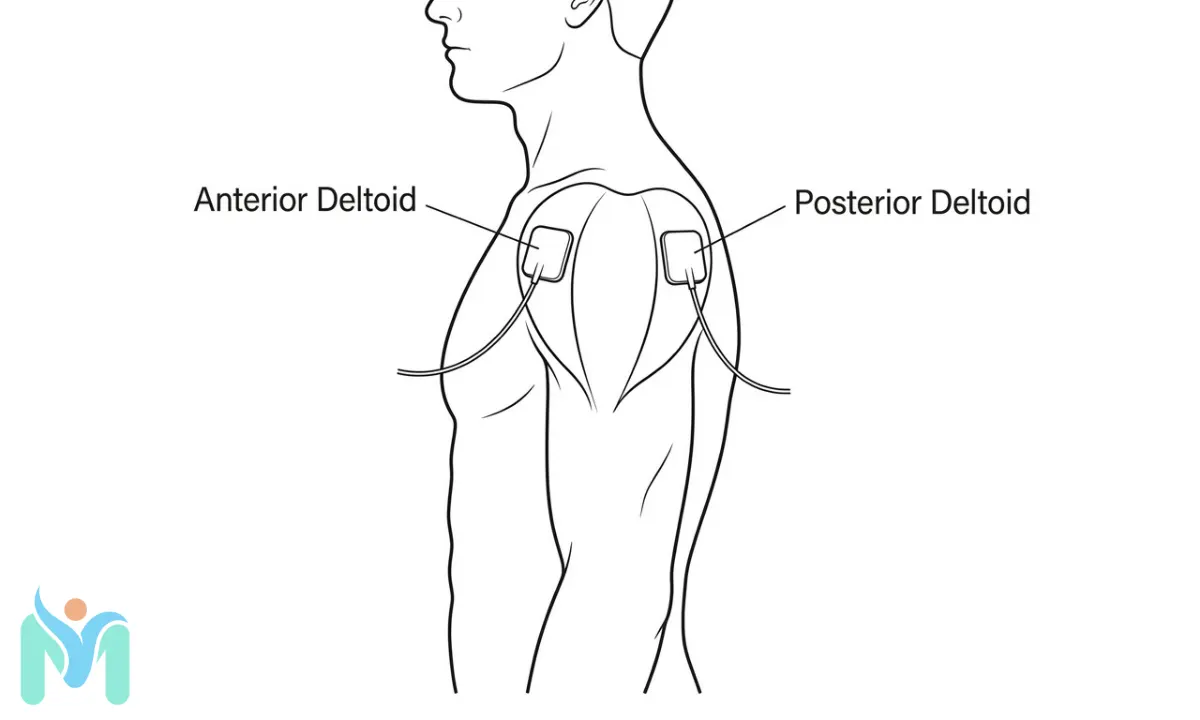Anatomical side-view diagram illustrating proper TENS unit electrode placement for shoulder pain, with one pad positioned on the anterior deltoid and the second pad on the posterior deltoid.