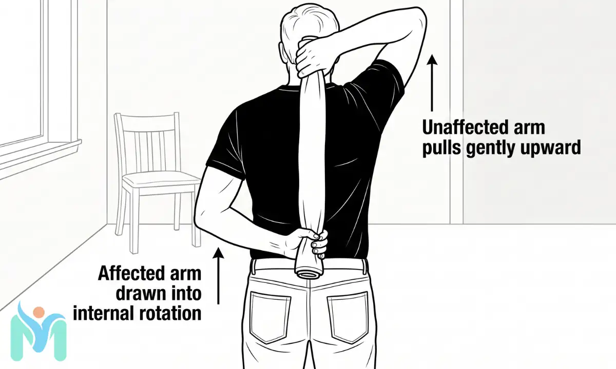 Rear view line illustration demonstrating the towel-assisted internal rotation reach. A person holds a vertically rolled towel down their spine behind their back; the unaffected arm reaches overhead to pull the towel gently upward, drawing the restricted, affected hand further up the lower back. Arrows point upward, labeled "Unaffected arm pulls gently upward" and "Affected arm drawn into internal rotation."