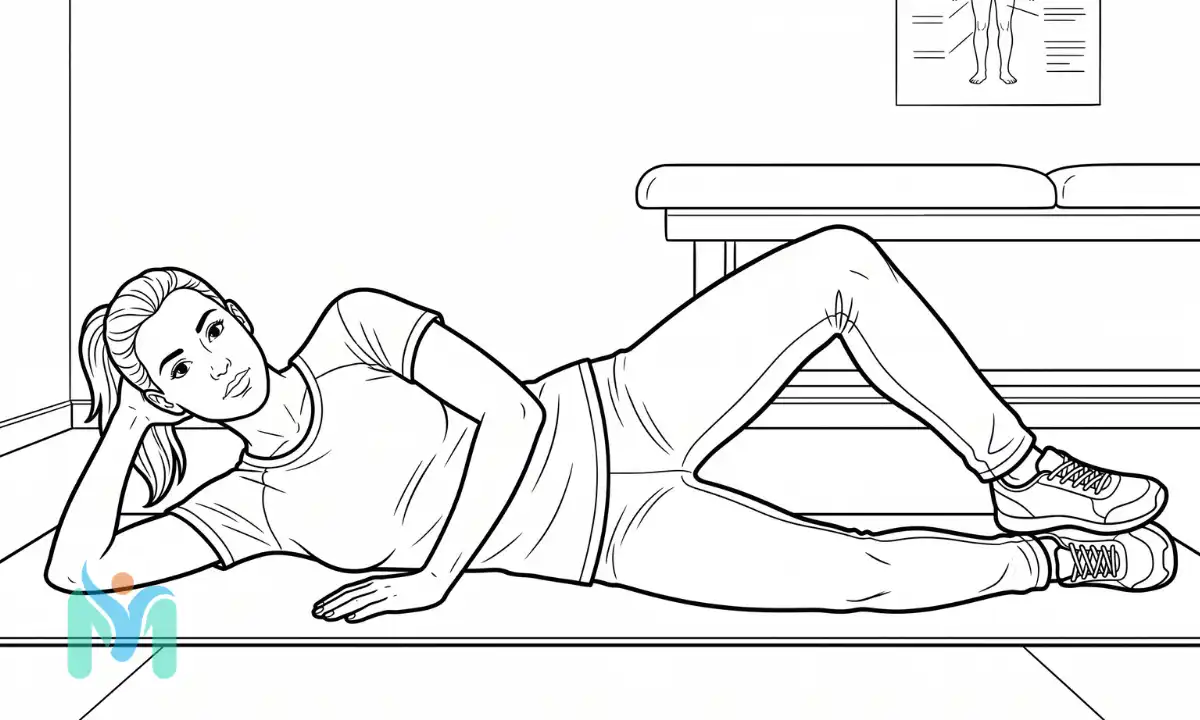 Line art of a woman lying on her side performing the clamshell exercise to strengthen hip abductors and stabilize the knee.