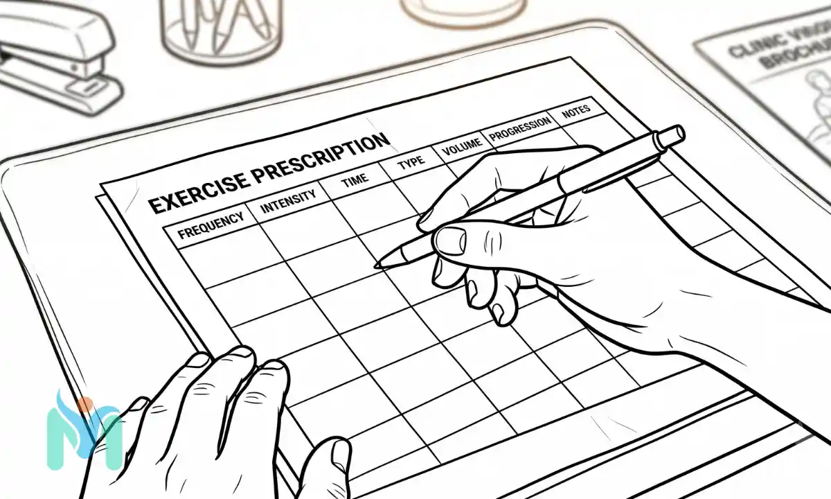 Black-and-white line drawing of a person filling out an exercise prescription grid covering frequency, intensity, time, type, volume, and progression.