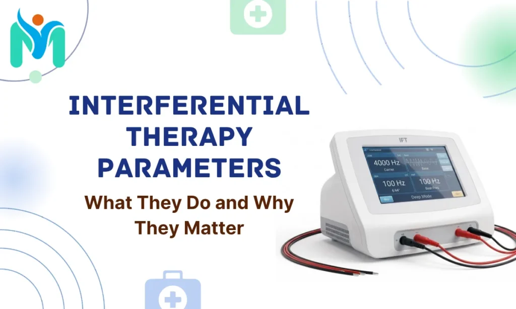 Digital interferential therapy machine display showing 4000 Hz carrier and 100 Hz beat frequency settings alongside text titled "Interferential Therapy Parameters: What They Do and Why They Matter."