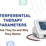 Digital interferential therapy machine display showing 4000 Hz carrier and 100 Hz beat frequency settings alongside text titled "Interferential Therapy Parameters: What They Do and Why They Matter."