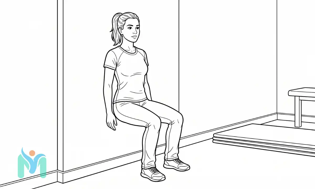 Illustration of a woman leaning against a wall in a seated squat position performing an isometric wall sit exercise.