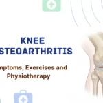 Medical illustration showing a knee joint with osteoarthritis cartilage wear alongside text detailing symptoms and physiotherapy exercises.