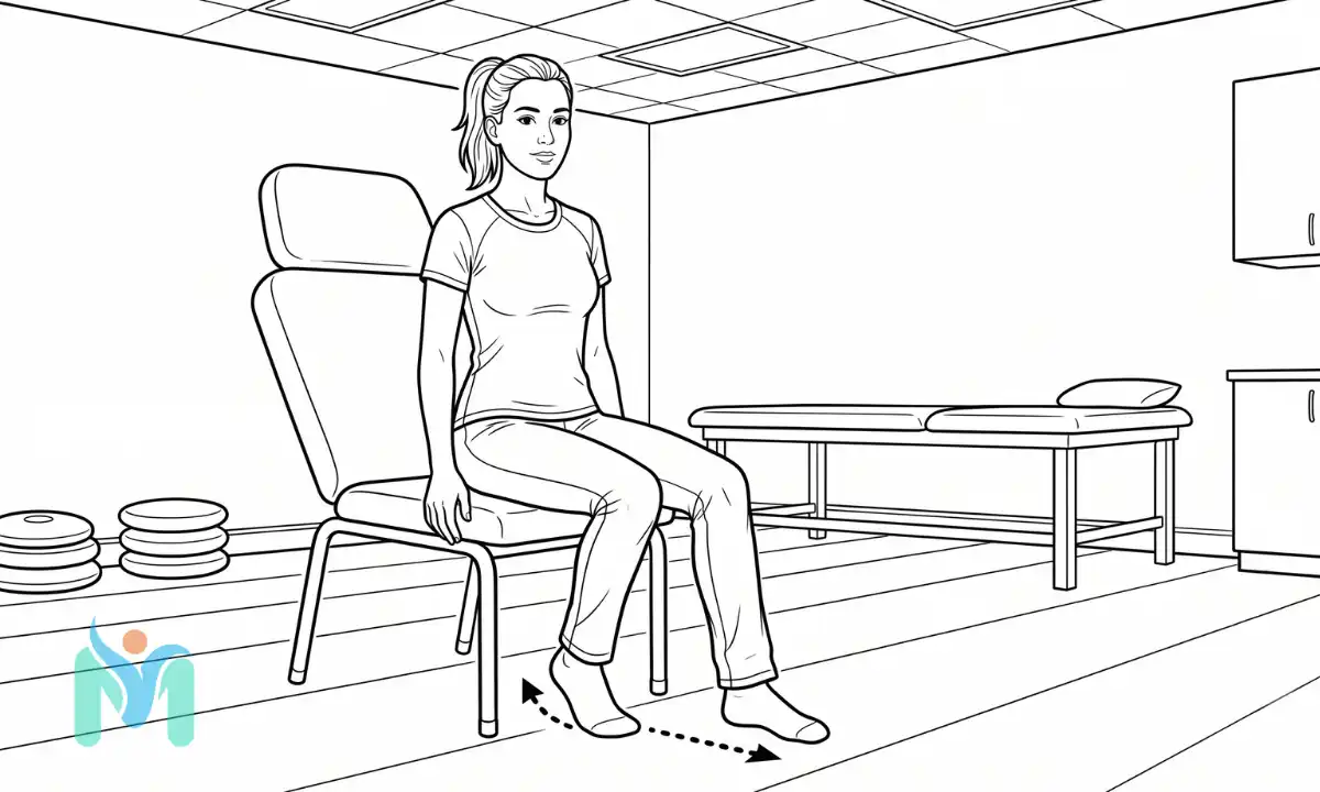 Black and white line illustration of a woman seated on a chair performing seated heel slides to improve knee joint range of motion.