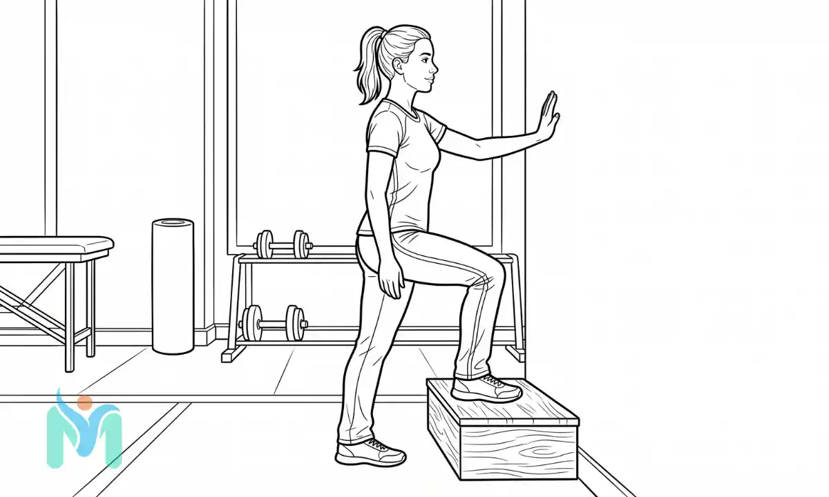 Line illustration of a woman performing a forward step-up onto a wooden platform with wall support for balance during physiotherapy.