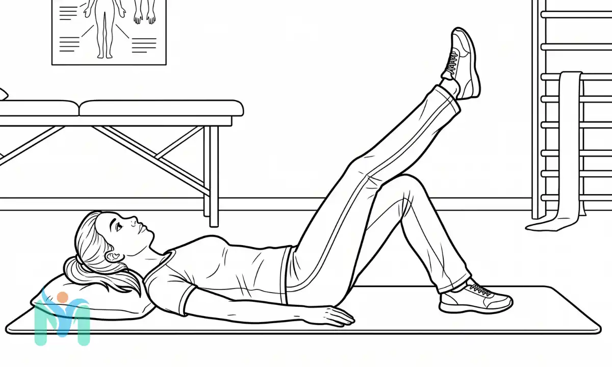 Illustration of a woman lying on her back on an exercise mat performing a straight leg raise to strengthen the quadriceps.