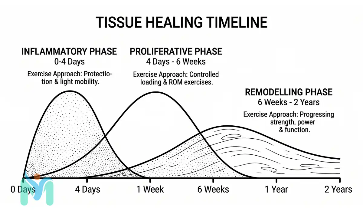 Graph illustrating the three phases of tissue healing—inflammatory, proliferative, and remodeling—with recommended exercise rehabilitation approaches over time.